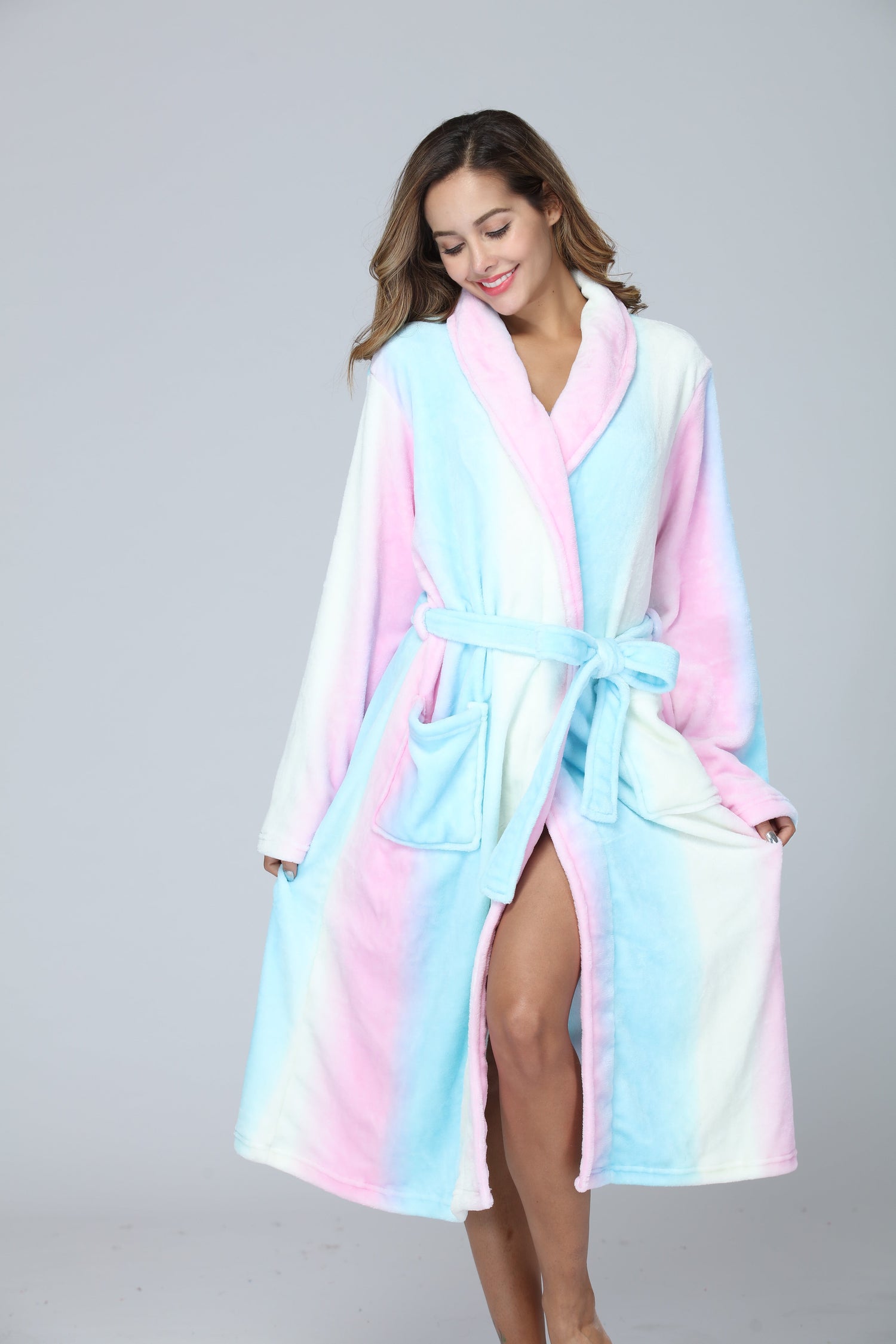 RONGTAI Womens Long Robes Plush Fleece Nightgown Thick Hooded Bathrobe With Pockets